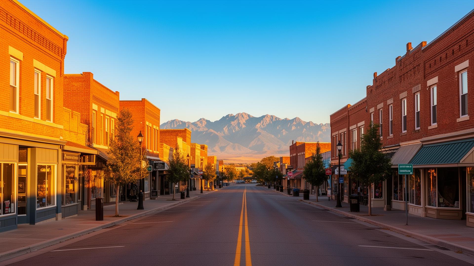 Downtown Brighton, Colorado main street at golden hour with Front Range mountains in the distance